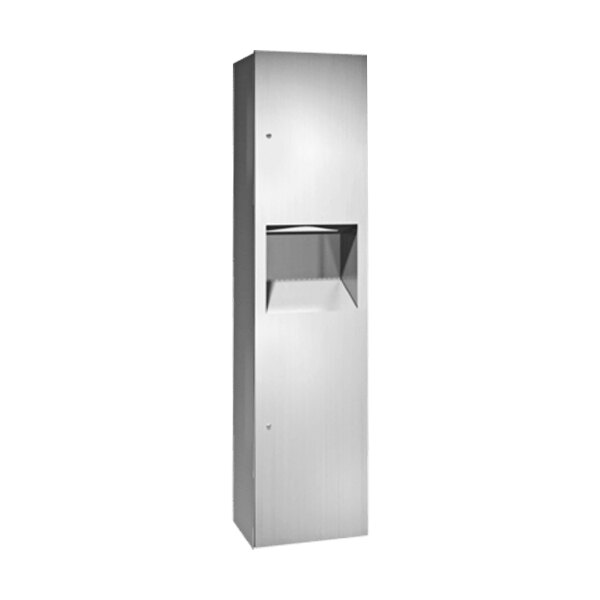 An American Specialties, Inc. stainless steel paper towel dispenser with a waste receptacle.