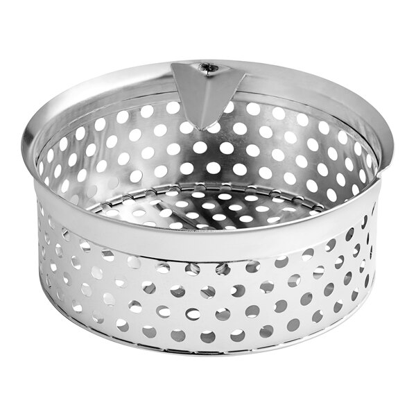 A stainless steel Garde 8 mm food mill sieve basket with holes.