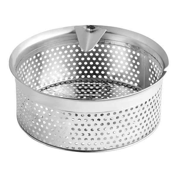 A silver metal Garde 4 mm Food Mill sieve with holes.