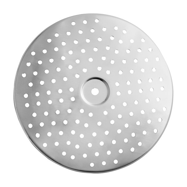 A stainless steel Choice Prep food mill sieve disc with holes.