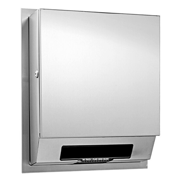 An American Specialties, Inc. stainless steel semi-recessed battery-operated paper towel dispenser.