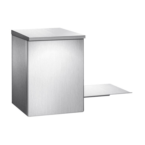A stainless steel American Specialties, Inc. sanitary napkin receptacle with a shelf.
