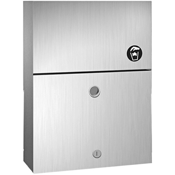 A stainless steel rectangular American Specialties, Inc. sanitary napkin receptacle with a black logo.