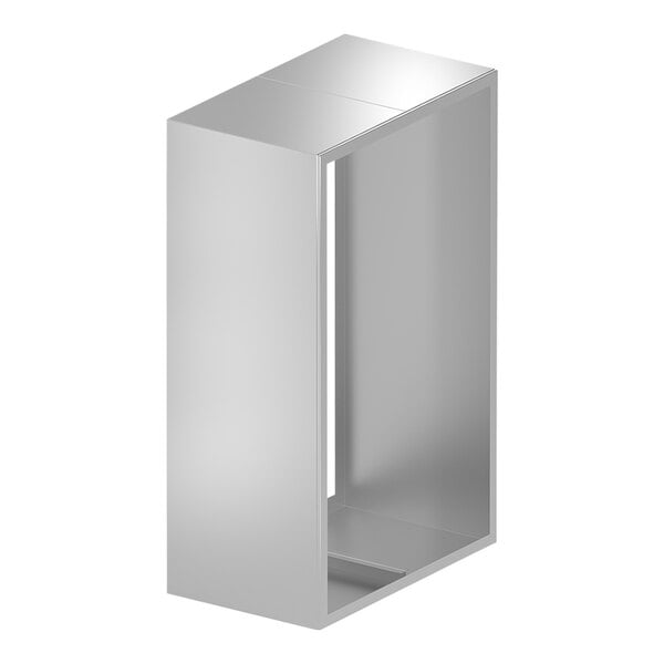A stainless steel rectangular object with a hole.