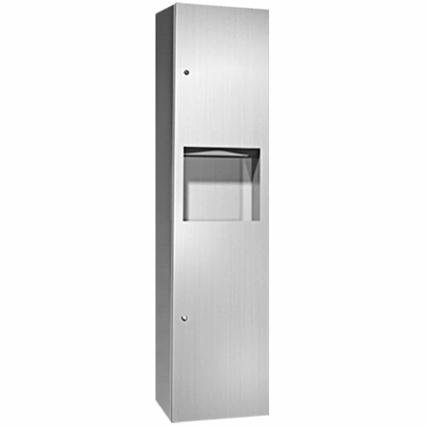 A stainless steel rectangular American Specialties, Inc. paper towel dispenser with a door.