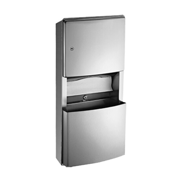 An American Specialties, Inc. stainless steel surface-mounted paper towel dispenser with a removable waste receptacle.