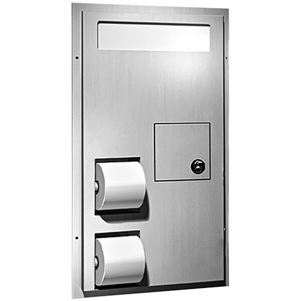 An American Specialties, Inc. stainless steel partition-mounted dual access toilet paper dispenser with two rolls of toilet paper.