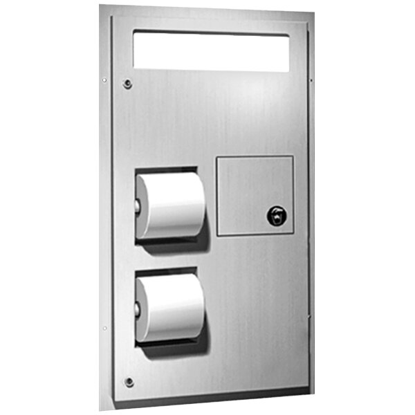 An American Specialties stainless steel partition-mounted dual toilet paper dispenser with a lock.