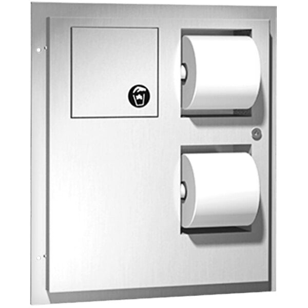 A stainless steel American Specialties, Inc. recessed toilet paper dispenser with a white rectangular logo.