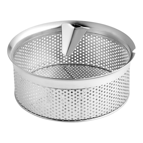 A silver Garde XL food mill sieve with holes.
