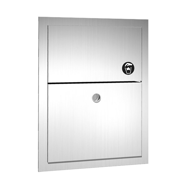 A stainless steel American Specialties, Inc. recessed sanitary napkin receptacle with a key lock.