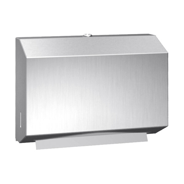 A silver rectangular stainless steel surface-mounted paper towel dispenser.