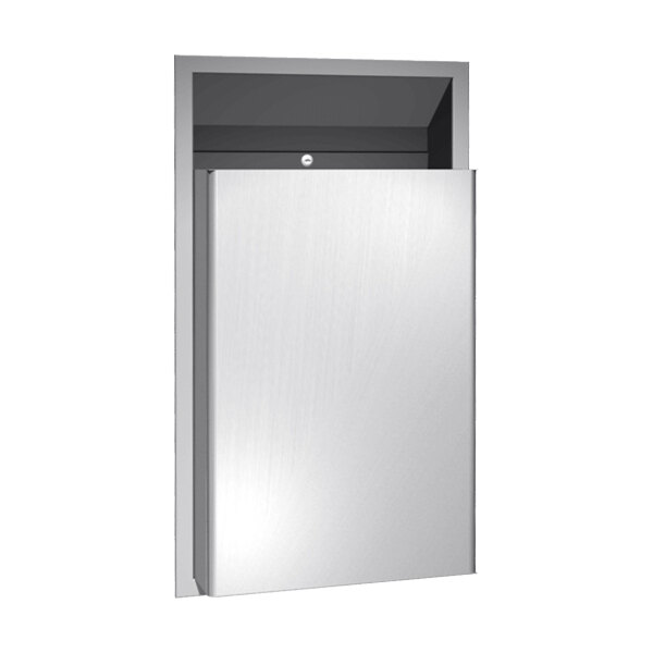 A stainless steel American Specialties, Inc. semi-recessed waste receptacle with a lid.