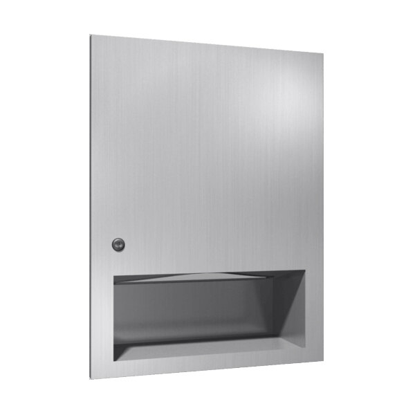 A stainless steel rectangular recessed paper towel dispenser with a silver metal door.