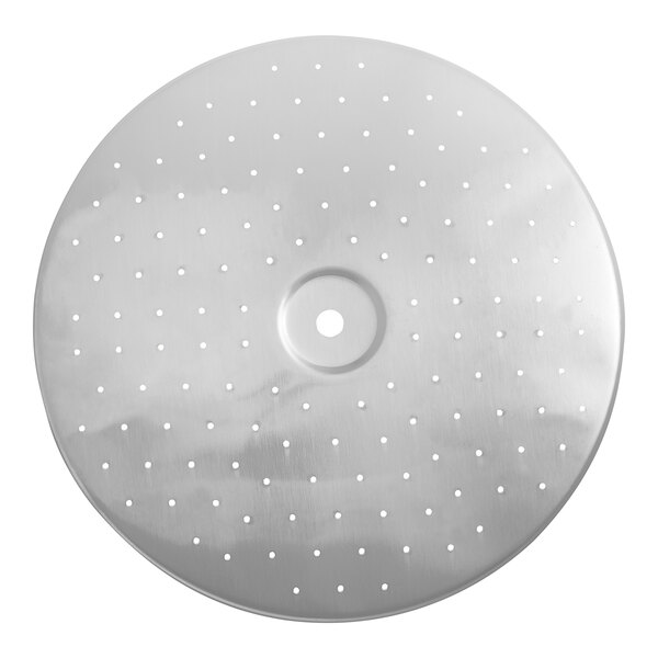 A circular silver metal disc with holes.