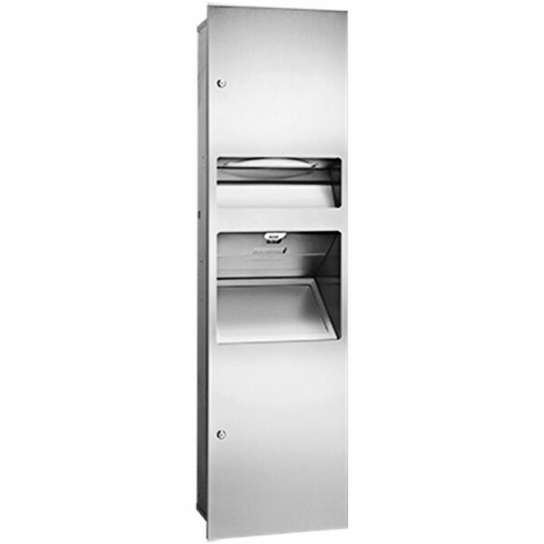 A stainless steel cabinet with a paper towel dispenser and waste receptacle.
