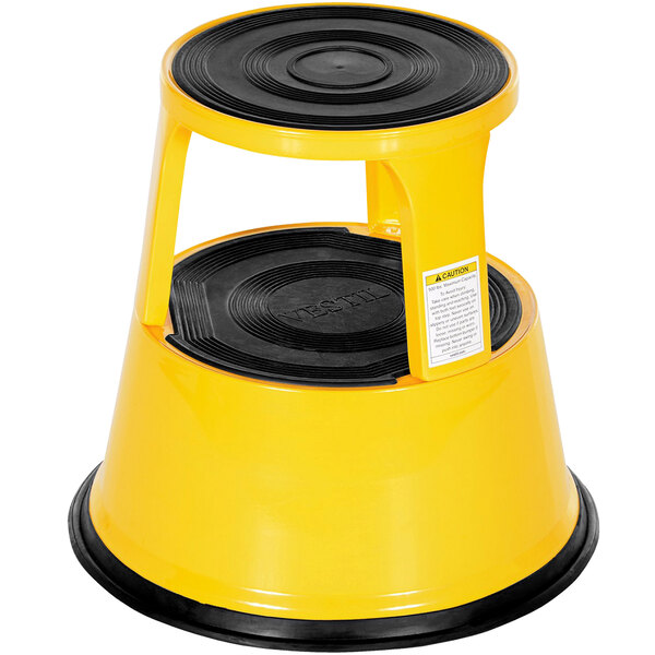 A yellow and black Vestil steel rolling step stool with a yellow top step.