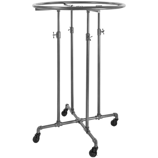 An anthracite grey round metal garment rack with black wheels.