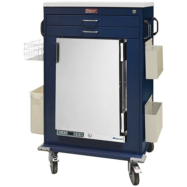 A blue Harloff medical cart with silver drawers and door handles.