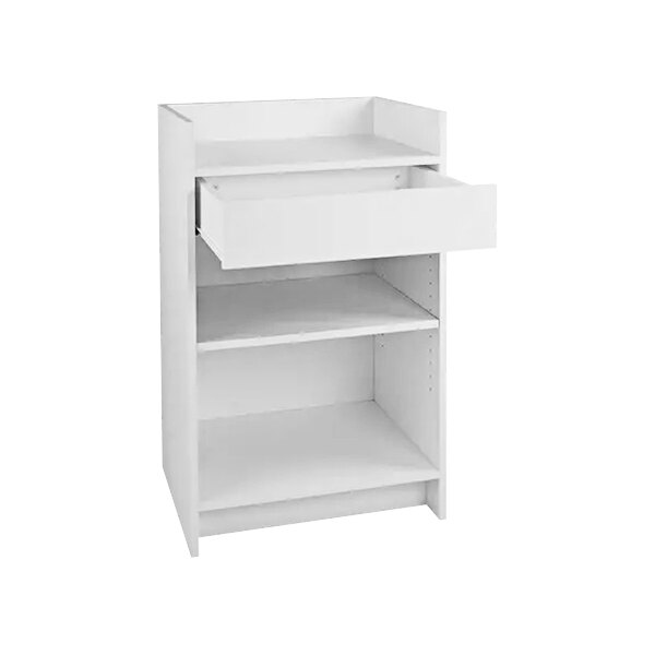 A white register stand with a drawer on a shelf.