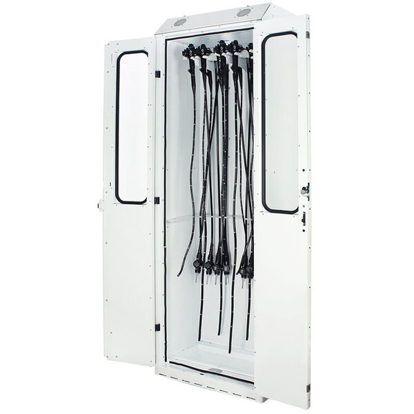 A white rectangular Harloff drying cabinet with black wires inside.