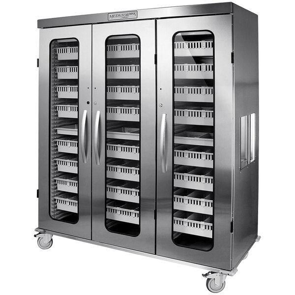 A Harloff stainless steel medical storage cabinet with three columns of drawers and a key lock.