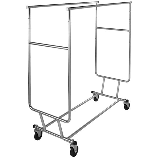A silver metal Econoco collapsible garment rack with black wheels.
