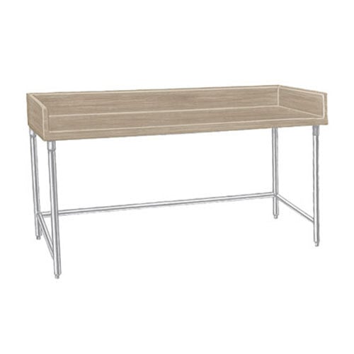 A long wooden table with a galvanized metal base.