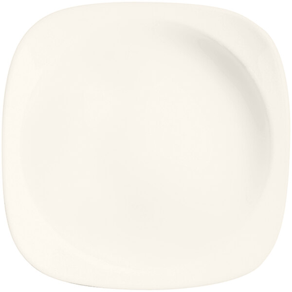 A white square porcelain plate with a curved edge.