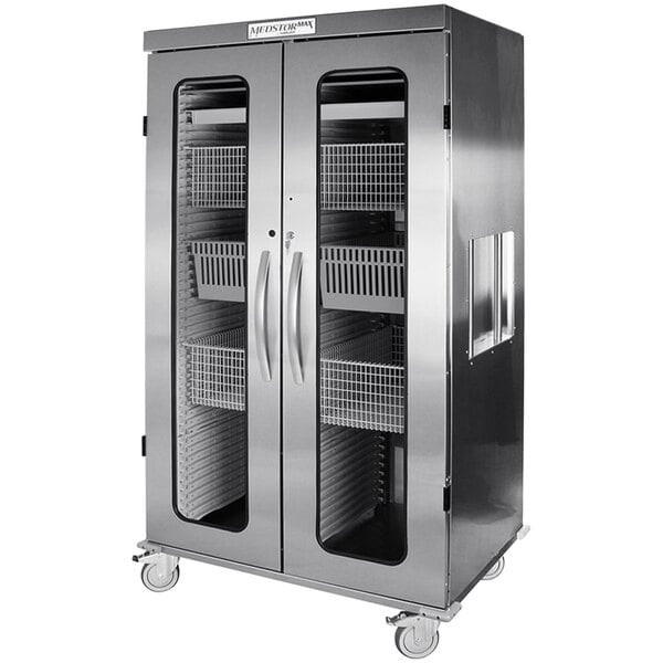 A large stainless steel Harloff medical storage cabinet with two columns and key lock.
