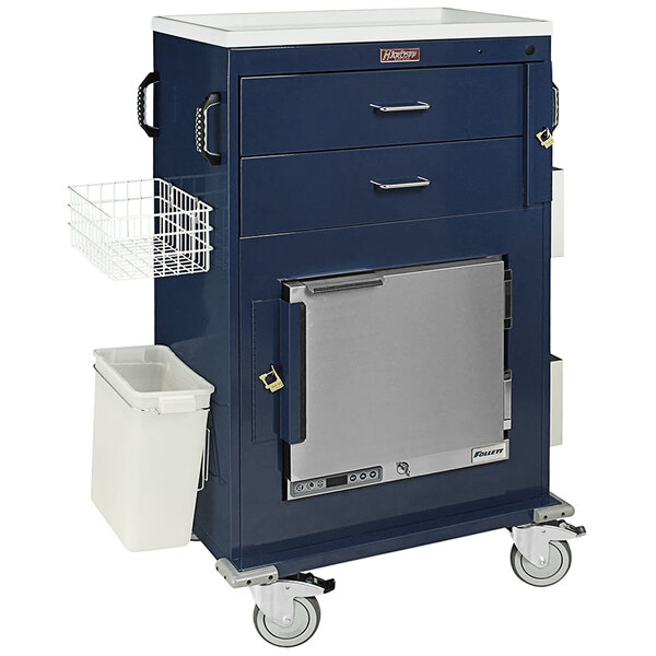 A blue Harloff medical cart with white baskets.