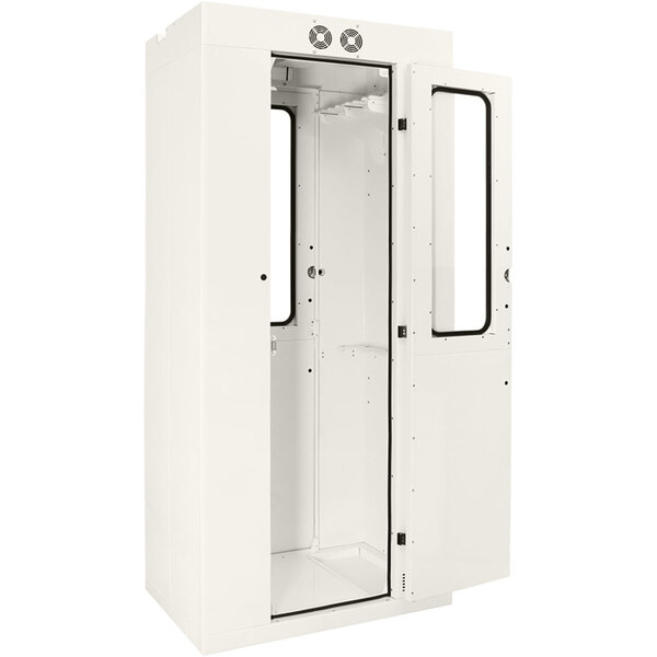 A white steel Harloff pass-through drying cabinet with the door open.