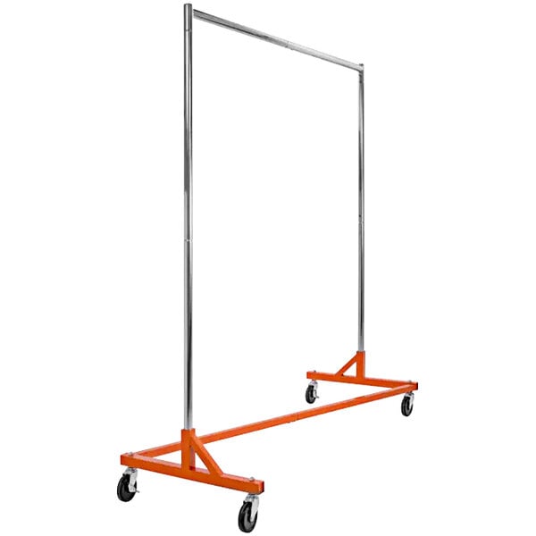 An orange metal Econoco Z-Rack with wheels.