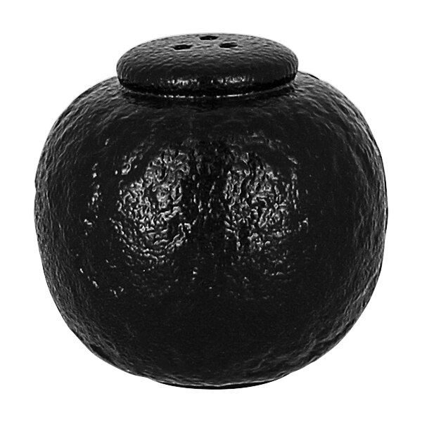 A black RAK Porcelain salt shaker with a lid.