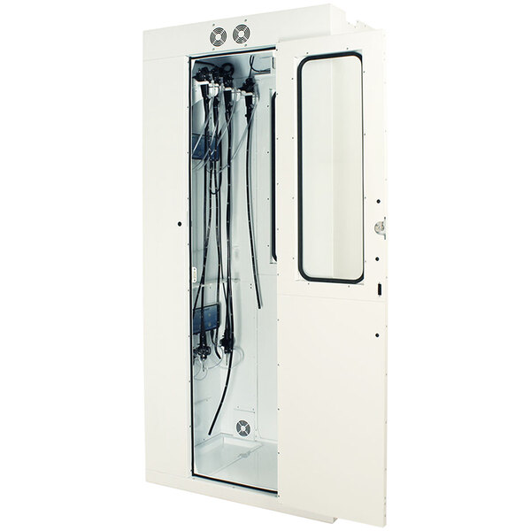A white Harloff pass-through drying cabinet with black wires on the door.
