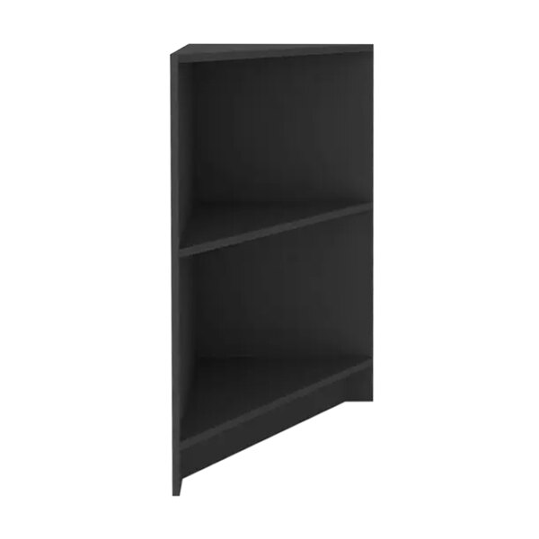 A black corner shelf with triangle top and two shelves.
