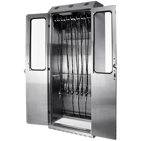 The stainless steel door of a Harloff SureDry 14-scope drying cabinet with a rack of wires inside.