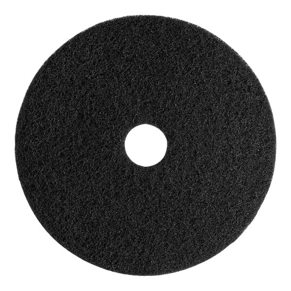 A black Lavex Basics stripping floor pad with a hole in the middle.