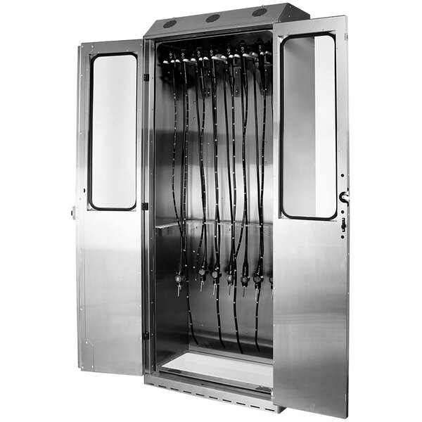 A stainless steel Harloff drying cabinet with a key lock.