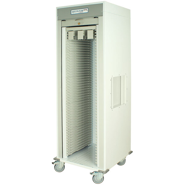 A white Harloff metal medical storage cart with shelves and a tambour door.