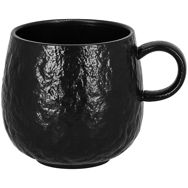 A case of 12 black RAK Porcelain mugs with handles.