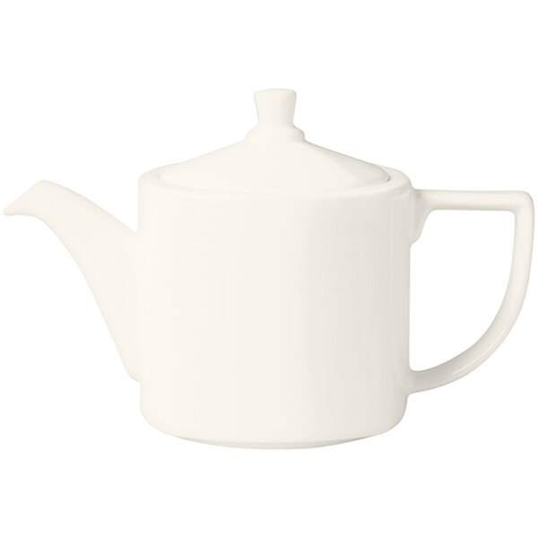 A RAK Porcelain ivory teapot with a handle on a white background.
