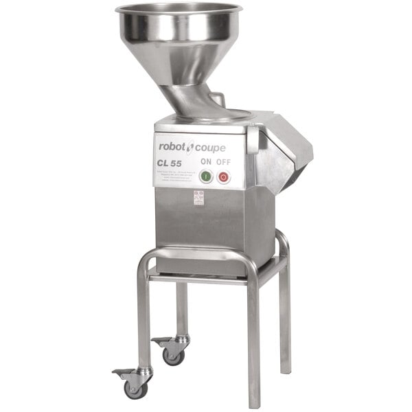 A stainless steel Robot Coupe food processor with a stainless steel bowl on a cart.