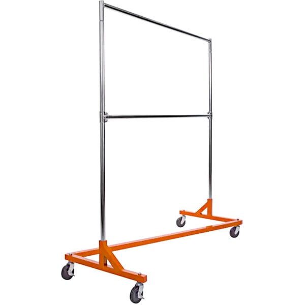 An orange metal Econoco garment Z-rack with wheels.