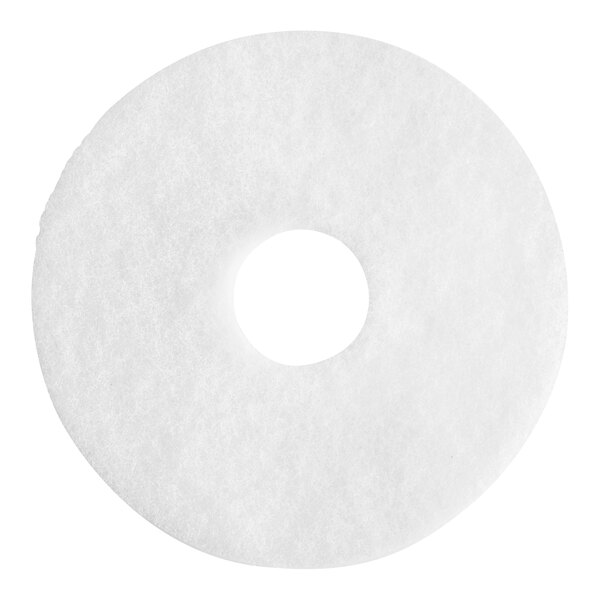 A close-up of a white circular Lavex Basics floor pad