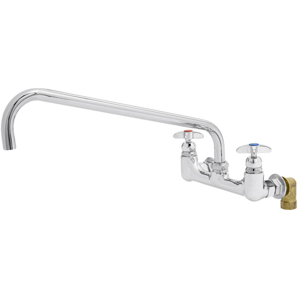 A T&S chrome wall mount faucet with two handles.