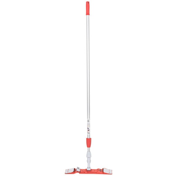 A Unger Restroom Complete Mop with a red and white mop with a long white pole and a red top.