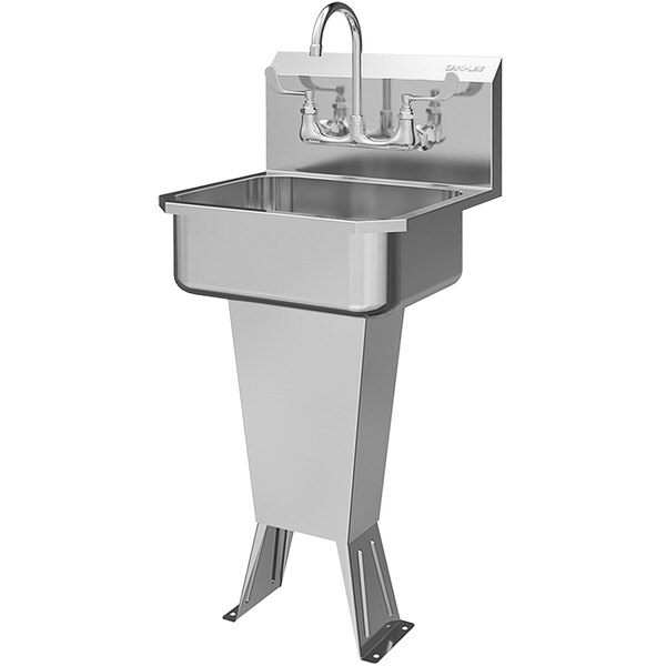 A stainless steel Sani-Lav floor mounted hand sink with 1 faucet.
