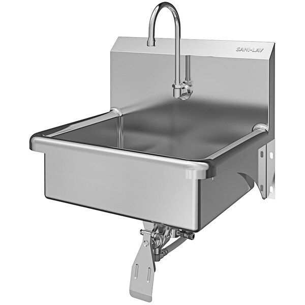 A Sani-Lav stainless steel wall mounted hands-free utility sink with a knee-operated faucet.