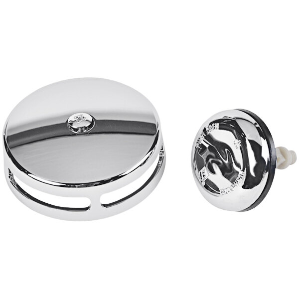 A Dearborn chrome touch toe stopper with round chrome buttons.